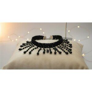 Victorian Black Crochet Choker Necklace Teardrop Fringe Dark Amber Bead 15 in